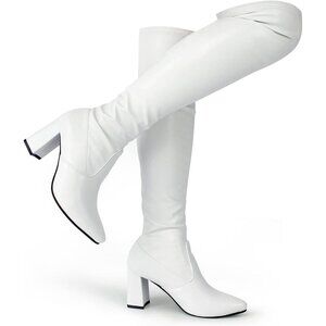 Hawkwell Women's White pu Low Flat Heel Thigh High Over The Knee Fashion Boots